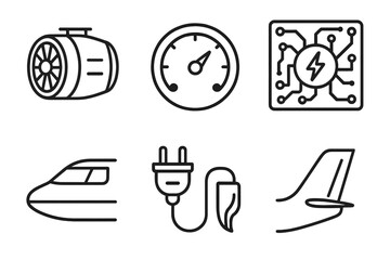 Hybrid Aircraft Icons. Hybrid Aircraft Systems linear icon set: engine, fuel gauge, circuit board, cockpit, connector plug, exhaustless tail