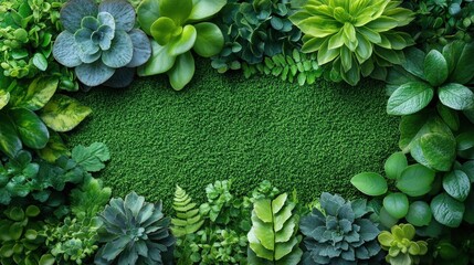 A vibrant border of lush green plants with variegated leaves provides a striking frame against a dark background, ideal for emphasizing content and adding a natural, inviting element to designs.