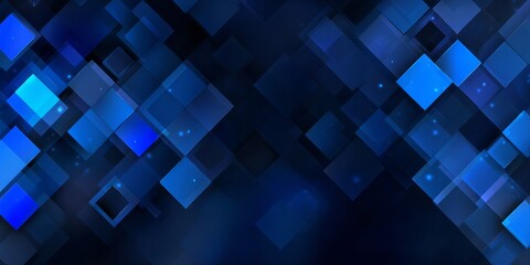 Abstract background features overlapping translucent squares in shades of deep blue and cyan