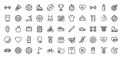 Sports and fitness line icon set. Vector pictograms of basketball, football, weights, bike, medal, and clock, thin linear illustration.