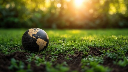 A vibrant soccer ball prominently features a detailed map of the world printed on its surface, resting peacefully in lush green grass.  Evokes themes of travel, exploration, and global connections.
