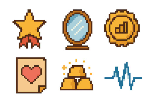 Personal Achievement Icons. Personal Recognition pixel style icon set: self-awarded star, reflection mirror, progress badge, gratitude note, milestone icon, positive pulse
