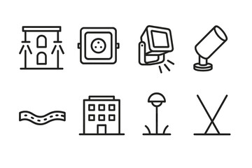 Architectural Lighting Icons. Architectural Lighting linear icon set. facade light, recessed light, floodlight, uplight, LED strip, building, path light, beam.