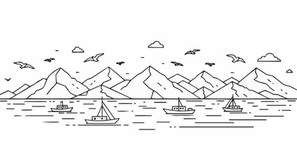 Scenic mountain range with boats sailing on the water under the sky.
