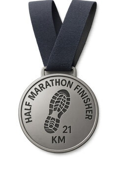 Silver half marathon finisher medal hanging on dark blue ribbon with transparent background