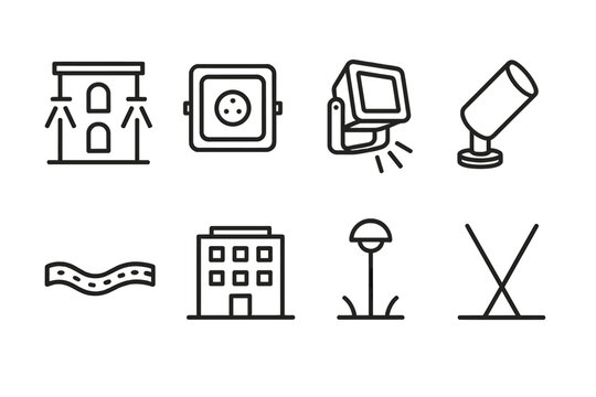 Architectural Lighting Icons. Architectural Lighting linear icon set. facade light, recessed light, floodlight, uplight, LED strip, building, path light, beam.