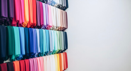 Fototapeta premium Colorful collection of fabric scarves neatly arranged on wall 