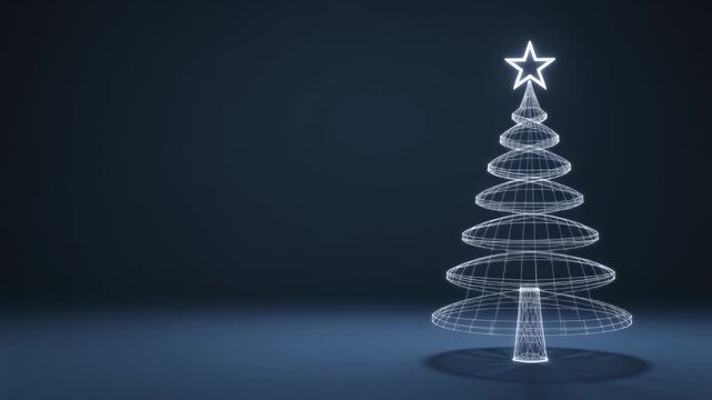 Wireframe Christmas Tree Shining Brightly on a Dark Blue Background