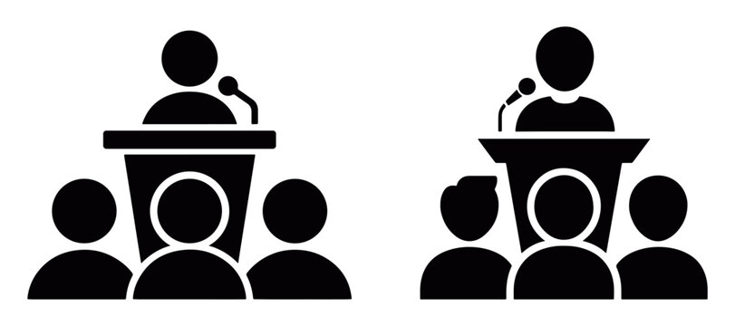 podium speaker and audience silhouette icon set showing public speaking scene useful for conference designs, seminar visuals, education materials and event graphics