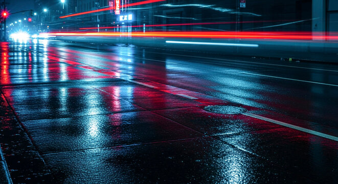 Nighttime city street with wet pavement and colorful light reflections - Powered by Adobe