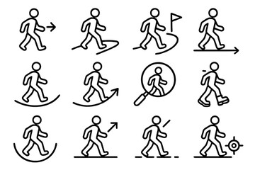 Purposeful Stride Icons. Purposeful Walk linear icon set: focused stride, direction arrow, pathway curve, goal marker, steady pace icon, momentum line, timeline dots, guided path