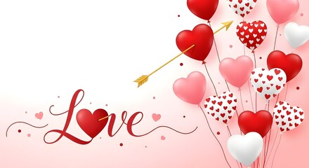 Valentine's Day hearts balloons banner design with calligraphy word Love and flying cupid arrow isolated on White Background