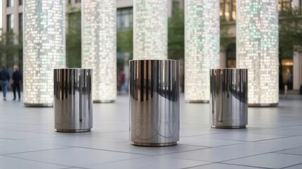 Modern metallic cylindrical sculptures in a city plaza with illuminated columns
