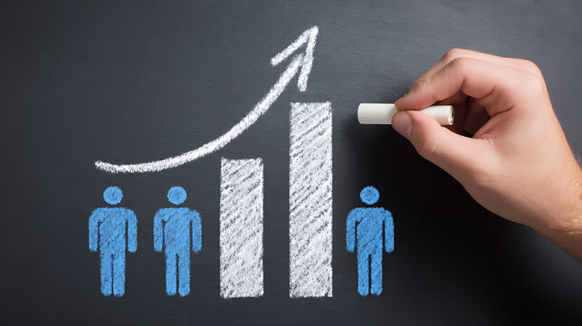Blue figures and chalk drawing of a bar graph with an upward trend on a blackboard image