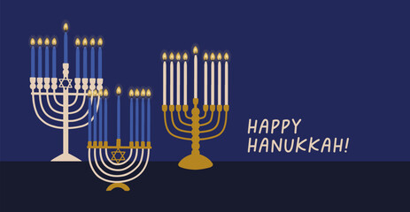 Happy Hanukkah card design. Festive horizontal background, jew banner with menorah candelabra, judaic candles for traditional Jewish religious holiday, greeting Hanukah. Flat vector illustration