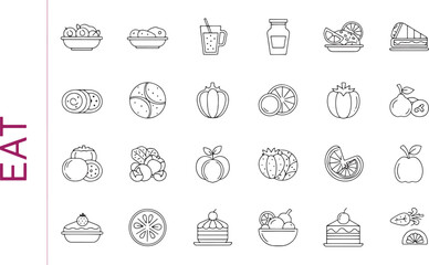 Collection of various food icons in outline style representing healthy eating and diverse dietary options for websites and designs