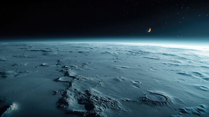 A view of the moon's surface with craters, a crescent moon, and stars in the dark sky. The image has a cool, atmospheric mood.