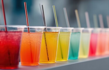 Colorful soda drinks in plastic cups with straws in a row