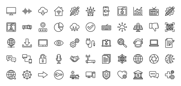 Technology and communication line icon set. Vector pictograms of networking, cloud computing, finance, and security, thin linear illustration.