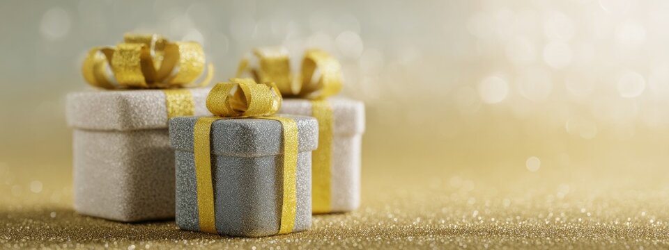 Sparkling gift boxes in silver and gold, tied with cheerful ribbons, sit elegantly against a shimmering background, enhancing the spirit of joy and celebration during a special occasion
