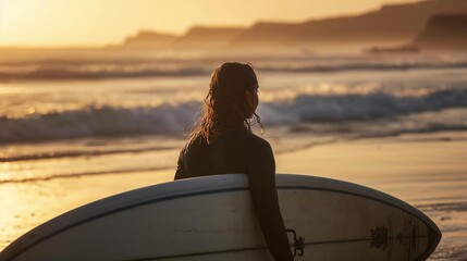 surfer walking toward Atlantic Ocean at sunset, sharp foreground detail with blurred waves and cliffs creating depth