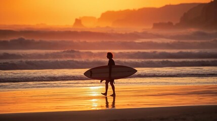 surfer walking toward Atlantic Ocean at sunset, sharp foreground detail with blurred waves and cliffs creating depth