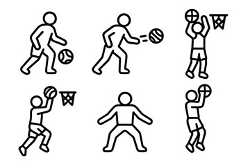 Naklejka premium Basketball Skills Icons. Drills & Skills linear icon set. dribbling, passing, shooting, layup, defense stance, jump shot