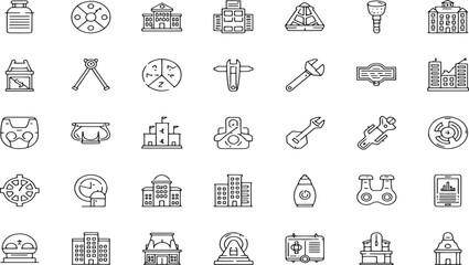 Fototapeta premium Diverse Set of Outline Icons Featuring Buildings Tools and Various Miscellaneous Objects Representing Different Concepts and Industries