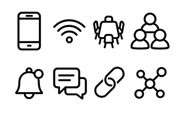 Team Connectivity Icons. Team Connectivity linear icon set. smartphone, Wi-Fi symbol, conference table, team avatars, notification bell, message thread, link icon, connection nodes