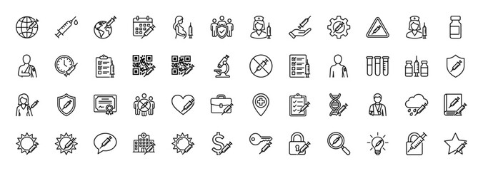 Medical health vaccination line icon set. Vector pictograms of syringe, nurse, shield, heart, calendar, and security, thin linear illustration.