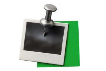 Metallic pushpin holding blank instant photo frame and green note on transparent background