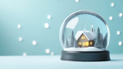 Christmas snow globe with cozy illuminated house and snowy trees, winter holiday scene background