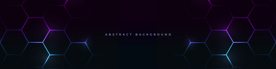 Hexagonal technology futuristic dark wide vector abstract background with blue and pink colored bright flashes under hexagon. Gaming honeycomb abstract banner design.