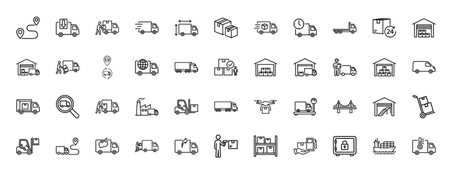 Logistics and delivery line icon set. Vector pictograms of truck, warehouse, forklift, box, drone, courier, ship and tracking, thin linear illustration.