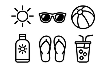 Summer Essentials Icons. Summer Essentials Set linear icon set: sun icon, sunglasses, beach ball, sunscreen bottle, flip-flops, cold drink