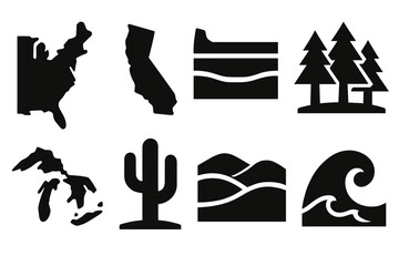 Obraz premium USA Geography Icons. USA Geography silhouette icon set: east coast outline, west coast outline, plains icon, forest cluster, great lakes shape, desert cactus, rolling hills