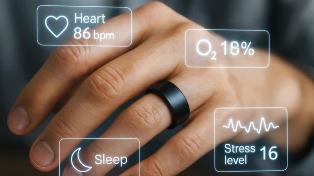 Hand wearing smart ring displays health metrics, showcasing heart rate, oxygen levels, and stress indicators, with a smooth zoom in on the hand's details