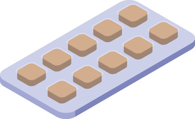 Isometric view of a blister pack containing ten square brown pills, offering a simple yet effective way to dispense medication