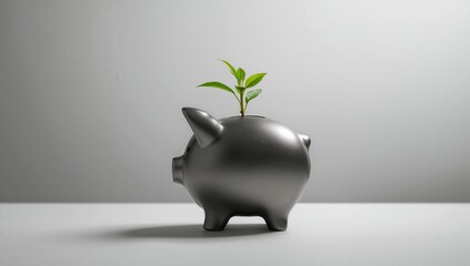Silver Piggy Bank with Green Plant Representing Savings and Growth