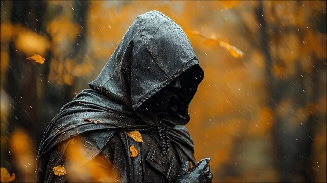A mysterious figure wearing a hooded cloak stands in the rain, surrounded by autumn leaves in a forest setting. The image evokes a sense of mystery and solitude