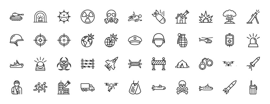 Military and war line icon set. Vector pictograms of radiation, bomb, tank, submarine, and missile, thin linear illustration.