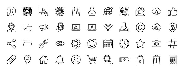 Fototapeta premium Technology and communication line icon set. Vector pictograms of settings gear, mail envelope, video player, and notification bell, thin linear illustration.