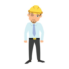 Cartoon illustration of a construction worker or engineer wearing a hard hat, looking sad and beaten with a bruised black eye. Workplace safety and injury concept