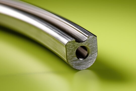 Stainless steel linear cam follower rail with continuous curved track and center hole, precision-machined, mechanical macro photo