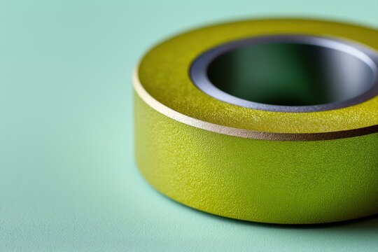 Macro photo of a toroidal magnetic core with green powder-coated ferrite body and central aperture, placed on a pastel green gradient background