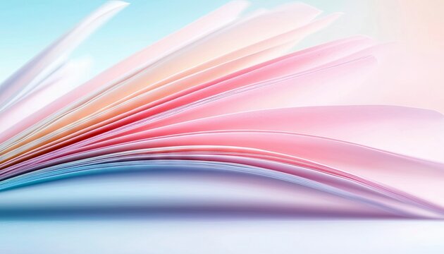 Close-up of an open book with pages fanned out, displaying a gradient of pastel colors. The image has a soft, dreamy quality.