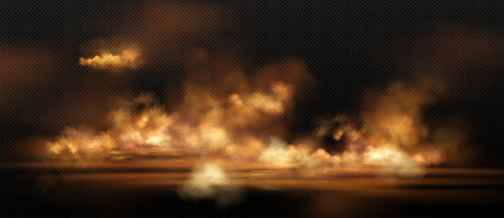 Fototapeta premium Vector realistic background with yellow-orange clouds on a dark transparent background. Detailed clouds with smoke and soft glow effect. Background for special effects, games.