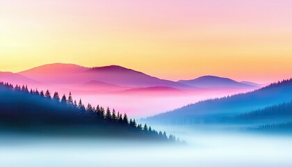 A beautiful landscape of mountains, forests, and fog at sunrise with vibrant colors.