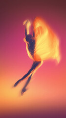 Ballet dancer in glowing motion blur wrapped in warm orange fabric. Concept of dynamic visuals, movement-focused design, warm artistic advertising material. © master1305