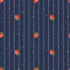 Delicate watercolor seamless pattern featuring ripe strawberries on a background of vertical stripes and dots. Ideal for textiles, packaging, stationery, and home decor.